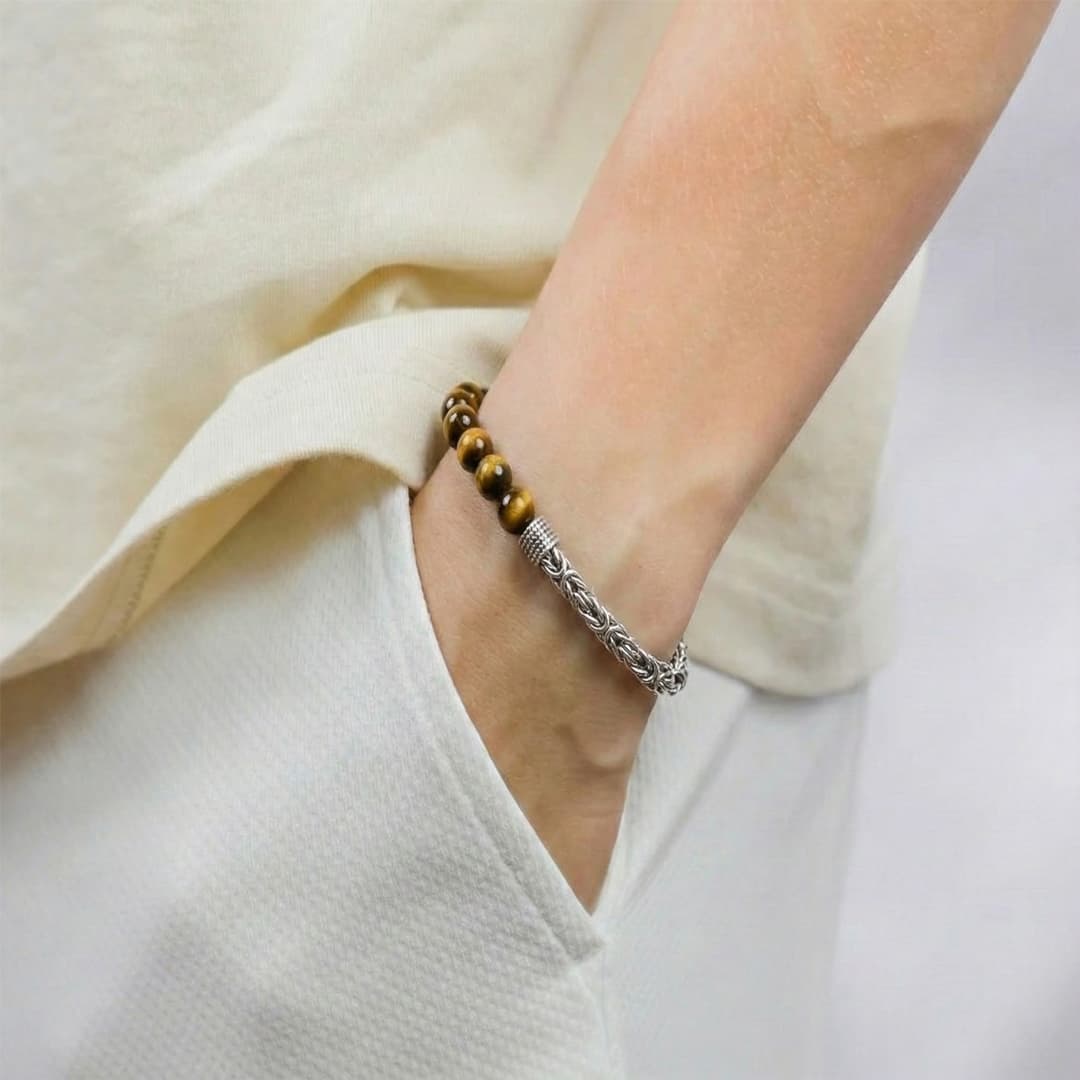 Pulsera Híbrida - Ojo de Tigre y Acero Trenzado con Detalles detail 1
