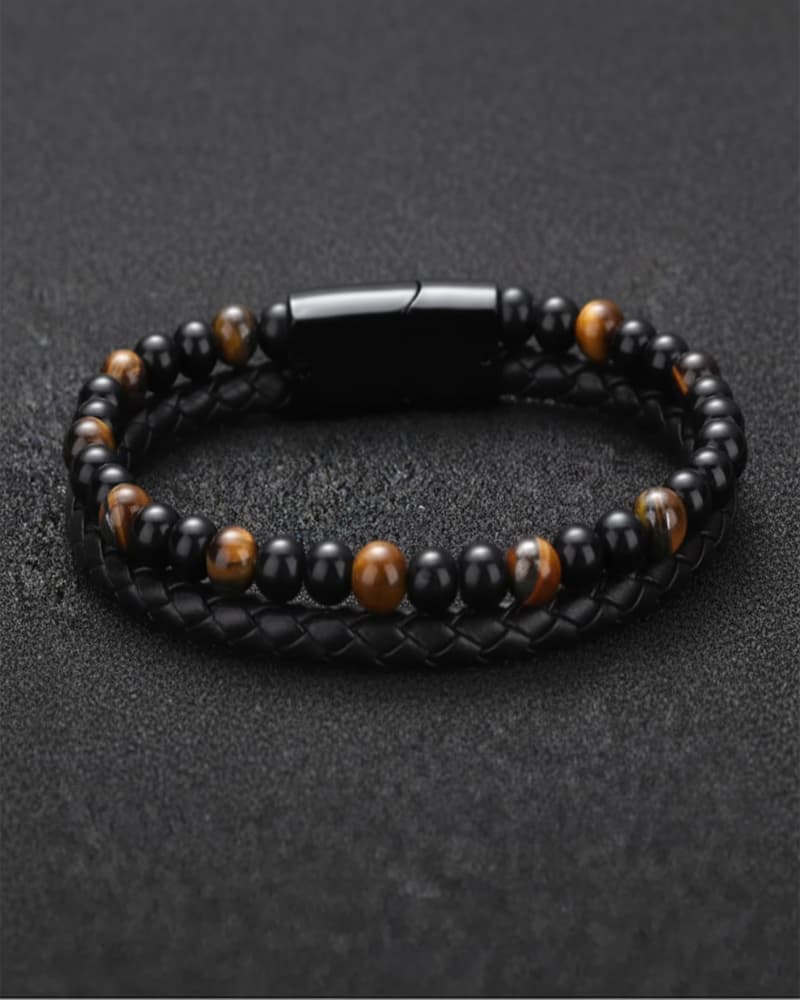 Pulsera Dual Ojo de Tigre y Cuero Trenzado