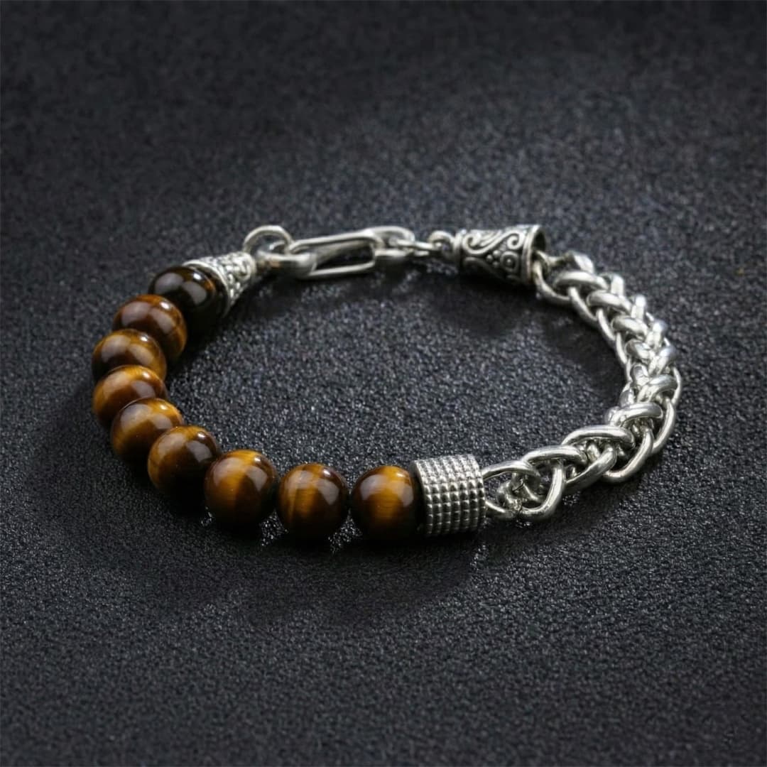 Pulsera Híbrida - Ojo de Tigre y Acero Trenzado con Detalles
